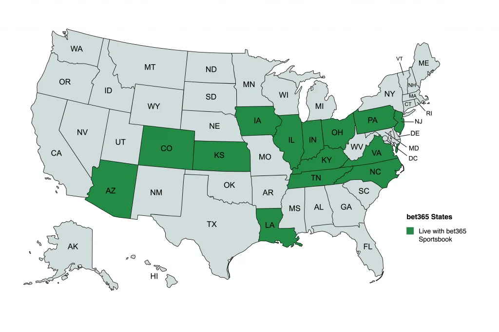 shaded map of bet365 live states, including kansas most recently launched