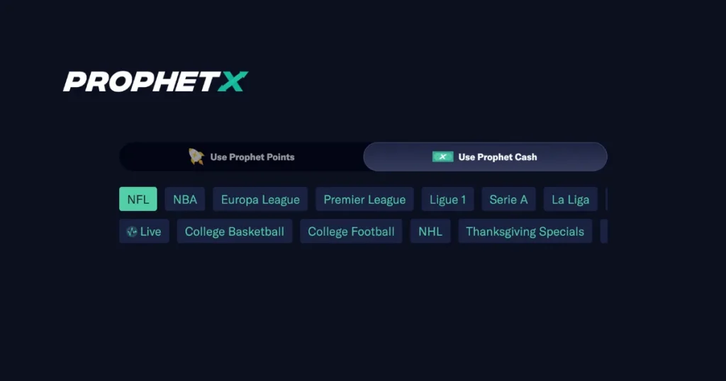 Available Sports Markets - ProphetX's website screenshot