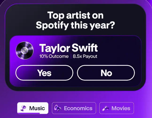 Culture Picks at PrizePicks Predict: "Top artist of Spotify this year?" event contract