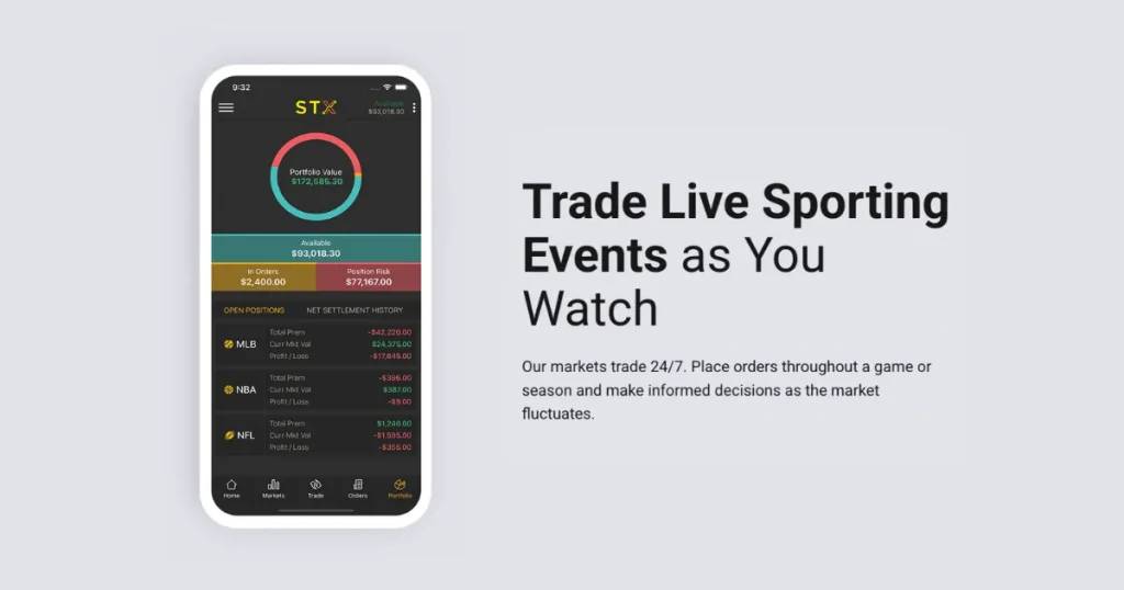 STX's website screenshot - "Trade live sporting events as you watch"