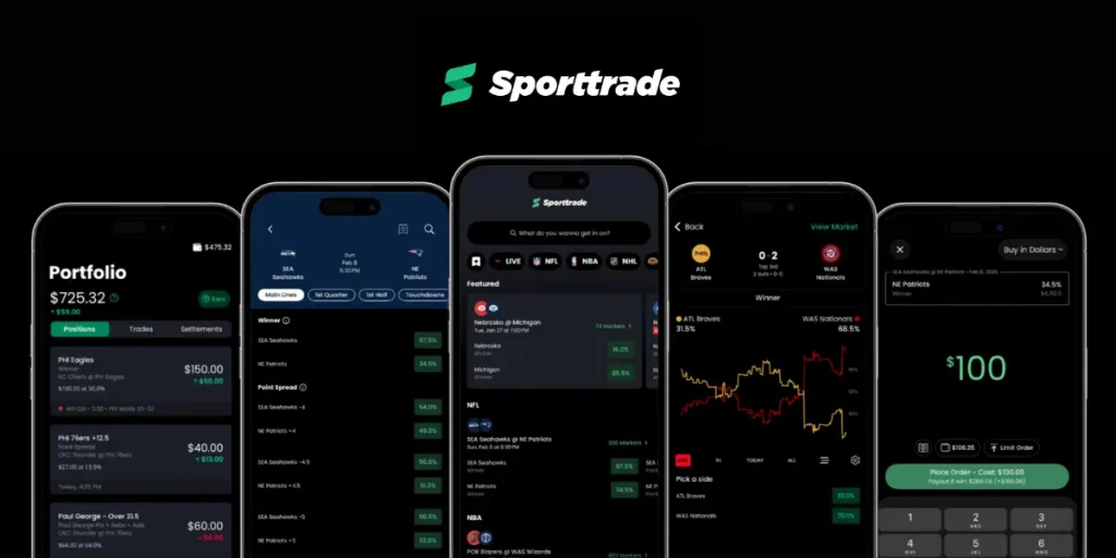 Sporttrade app interface showing portfolio positions, live sports betting markets, percentage odds, and limit order trading on the sports betting exchange platform.