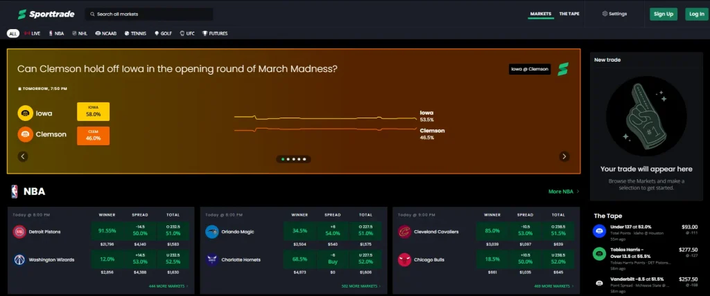 Sporttrade betting exchange platform displaying live sports markets, NBA games, and real-time pricing with implied probability odds