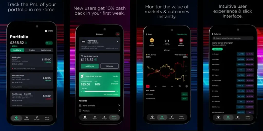 Sporttrade app interface showing portfolio tracking, 10% cash back offer, real-time market charts, and mobile trading experience