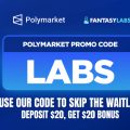 Polymarket mobile app showing March Madness trading markets with promo code LABS
