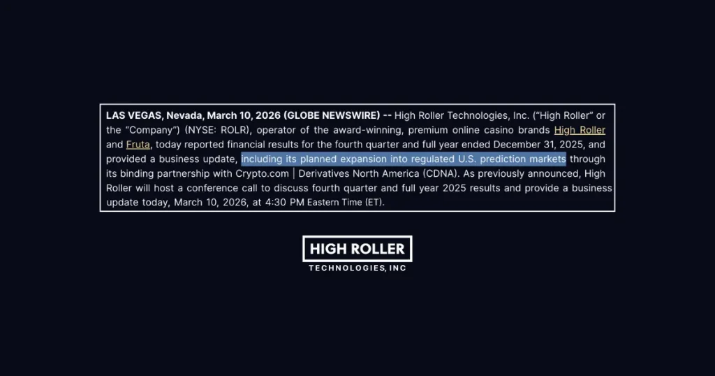 High Roller Technologies, INC - Press Release talking about the company's expansion into event based contracts
