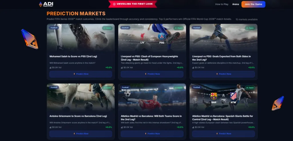 ADI Predictstreet prediction markets interface showing soccer match markets like Liverpool vs PSG and Barcelona vs Atletico Madrid, with real-time data and forecast options.