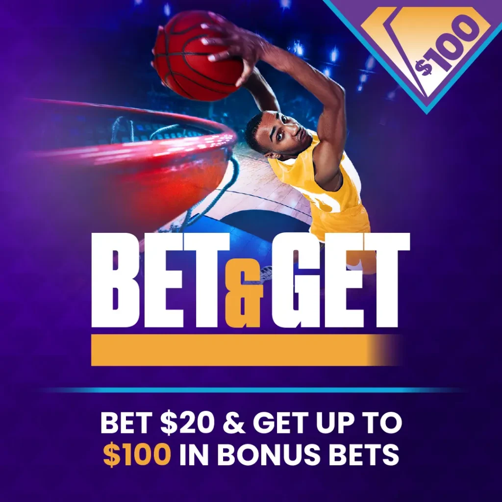 Basketball player dunking with Desert Diamond Bet & Get promo offering bet $20 and get up to $100 in bonus bets