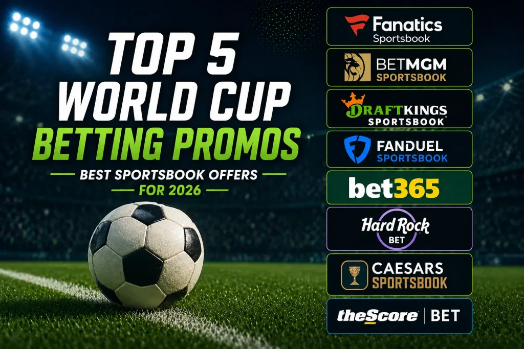 Soccer stadium graphic with 2026 World Cup betting promos featuring top sportsbooks and bonus bet offers