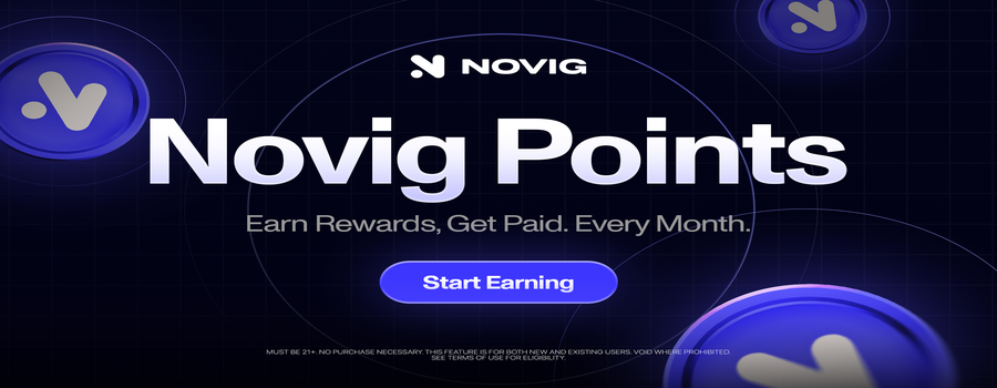 Novig Points program hero banner with “Earn Rewards, Get Paid Every Month” and Start Earning button