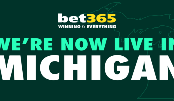 bet365 Michigan launch graphic with the bet365 logo and large text reading “We’re Now Live in Michigan” over a dark green background with a Michigan state outline.