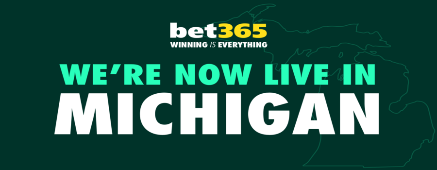bet365 Michigan launch graphic with the bet365 logo and large text reading “We’re Now Live in Michigan” over a dark green background with a Michigan state outline.