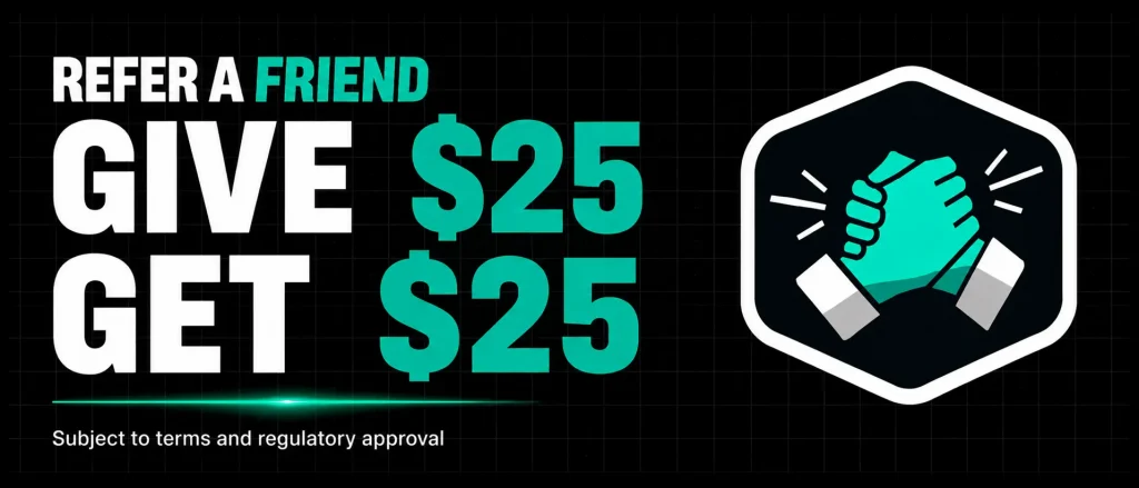 ProphetX refer-a-friend promotion banner highlighting a "$25 Give, $25 Get" referral bonus alongside a handshake icon and terms disclaimer.