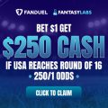 Sign up with the FanDuel promo code and bet $1 on the US to reach the Round of 16 at 250/1 odds.