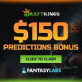 DraftKings promo code offer showing $150 in Predictions Dollars for a $5 first trade.
