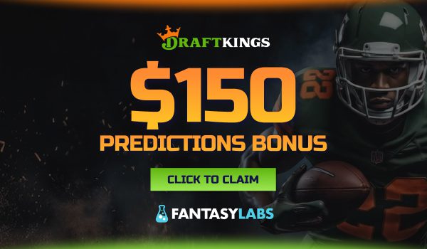 DraftKings promo code offer showing $150 in Predictions Dollars for a $5 first trade.