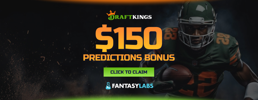 DraftKings promo code offer showing $150 in Predictions Dollars for a $5 first trade.