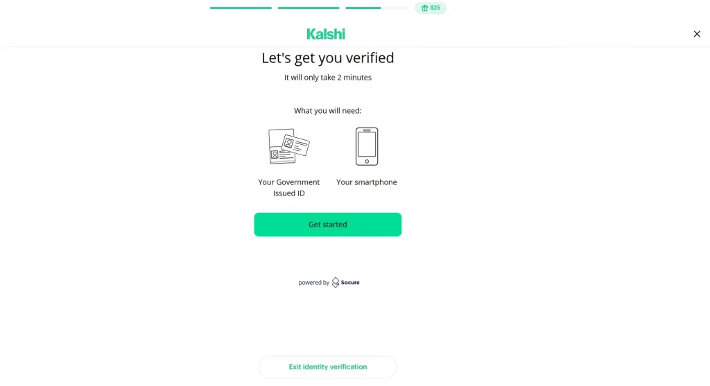 Kalshi identity verification screen listing a government-issued ID and smartphone as requirements, powered by Socure.