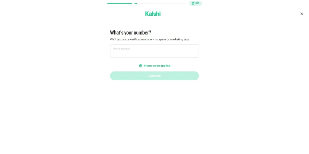 Kalshi signup step asking for a phone number, with a "Promo code applied" confirmation and a $25 bonus indicator in the progress bar.
