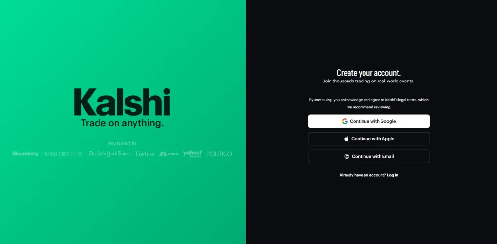 Kalshi account creation page with options to continue with Google, Apple, or email, alongside the tagline "Trade on anything."