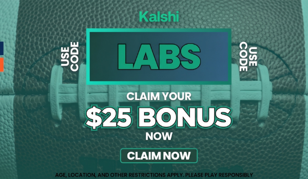 Kalshi promo banner on a football background reading "Use code LABS — claim your $25 bonus now" with a Claim Now button.