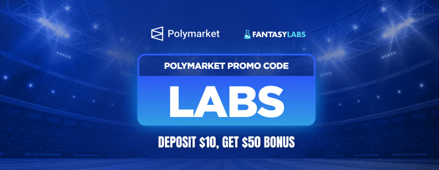 Polymarket promo code MLB offer graphic showing a $10 deposit for a $50 trading bonus with code LABS.