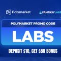 Polymarket NFL promo code LABS promotion graphic showing a $10 deposit for a $50 trading bonus.