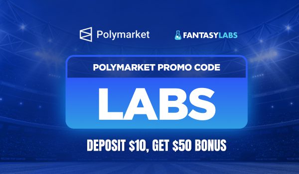 Polymarket NFL promo code LABS promotion graphic showing a $10 deposit for a $50 trading bonus.