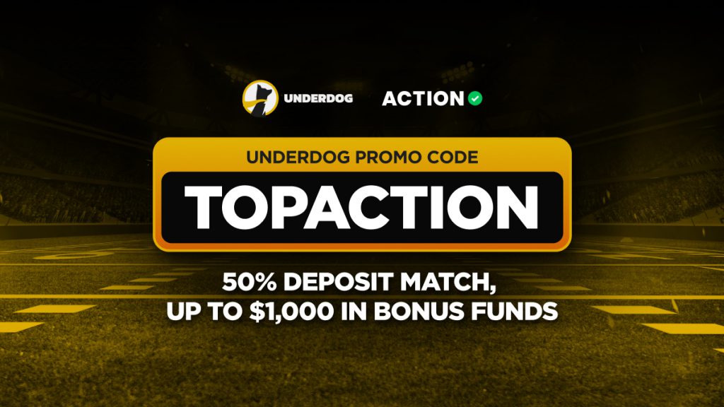 Underdog promo code LABSNEWS graphic showing a 50% deposit match up to $1,000 in bonus funds for NFL Week 3.
