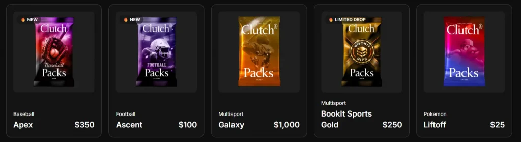 Row of five ClutchPacks Launch Series packs with prices: Apex baseball $350, Ascent football $100, Galaxy multisport $1,000, BookIt Sports Gold multisport $250, and Liftoff PokΓ©mon $25.