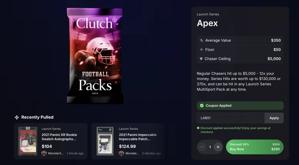 ClutchPacks checkout for the Apex Launch Series football pack with promo code LABS1 applied, showing "Discount applied successfully" and the price reduced from $350 to $280.