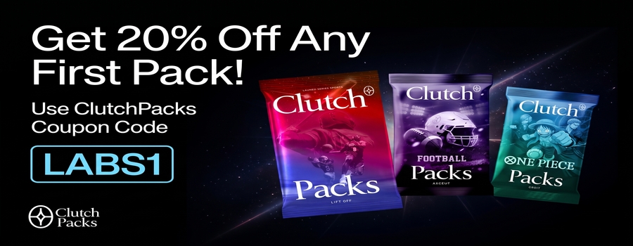 ClutchPacks banner: "Get 20% Off Any First Pack! Use Coupon Code LABS1," with three trading card packs.